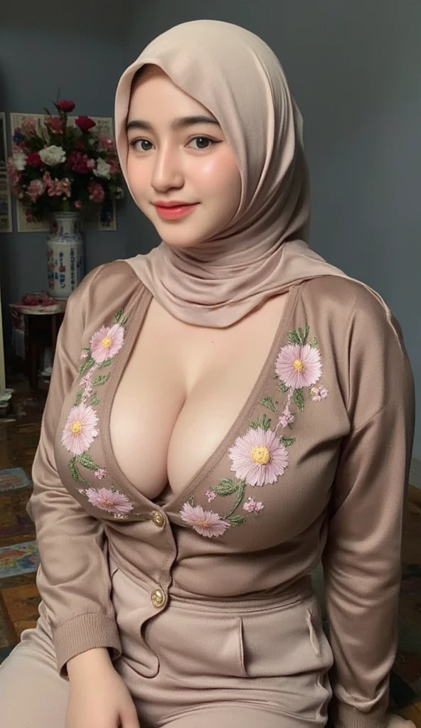 RAW, Best quality, high resolution, masterpiece: 1.3), beautiful Malay woman in hijab,Masterpiece, perfect fit body, ((Huge breast)), biggorgeous eyes, Soft smile,woman in a beige dress sitting on a bench with a black fence, hijab, dilraba dilmurat, zenra taliyah, siya oum, malaysian, leaked image, sie boob, she is smiling,Delicate turtleneck, necklace, shairband, afternoon walk, City garden, Excellent lighting, Bright colors, Clean lines