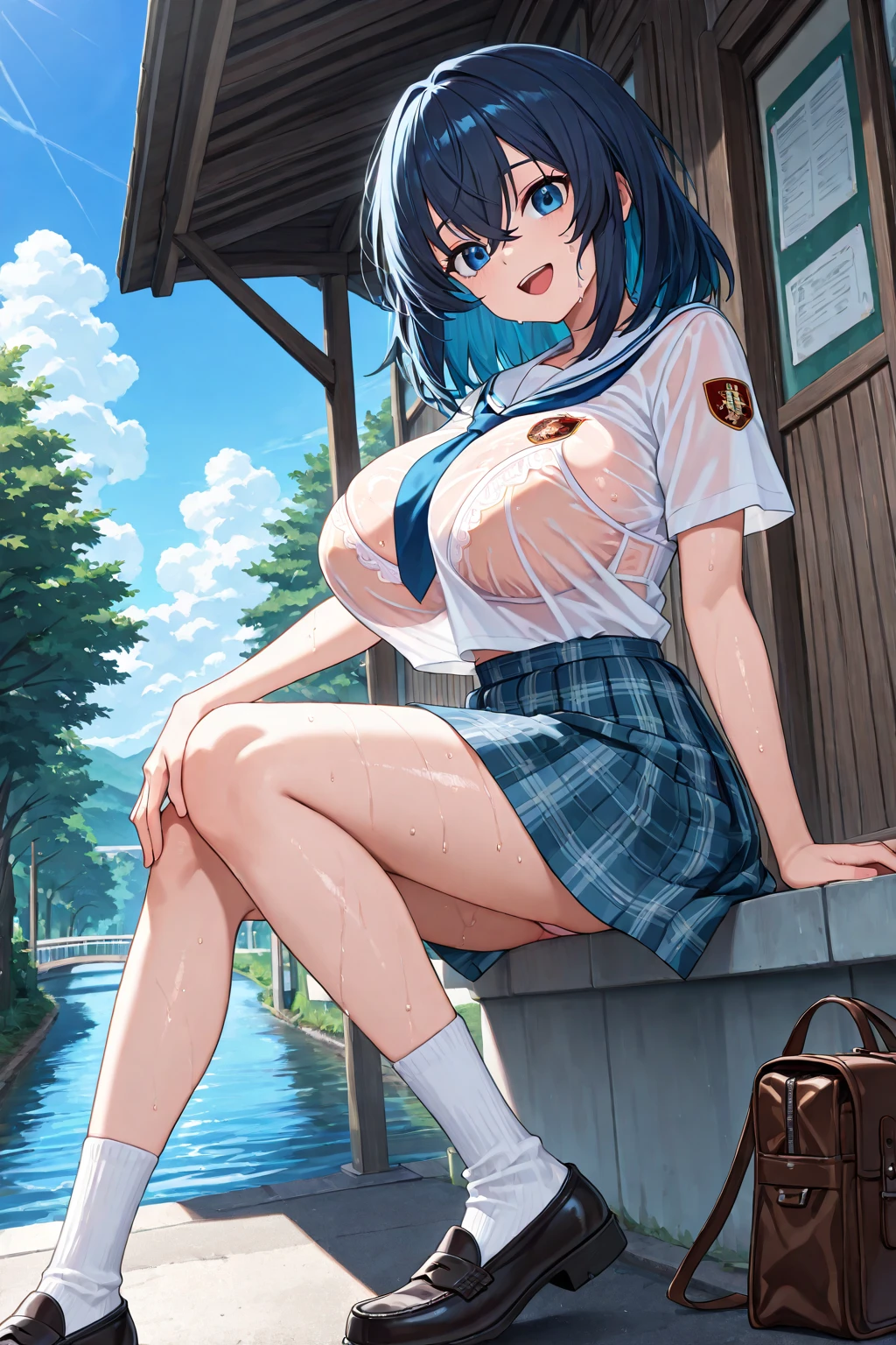 Highest quality,masterpiece, best resolution, nsfw, 1 girl, sailor uniform, topless, flat chest,pink nipple, belly button,outdoor, blush, standing, horse ears, horse tail