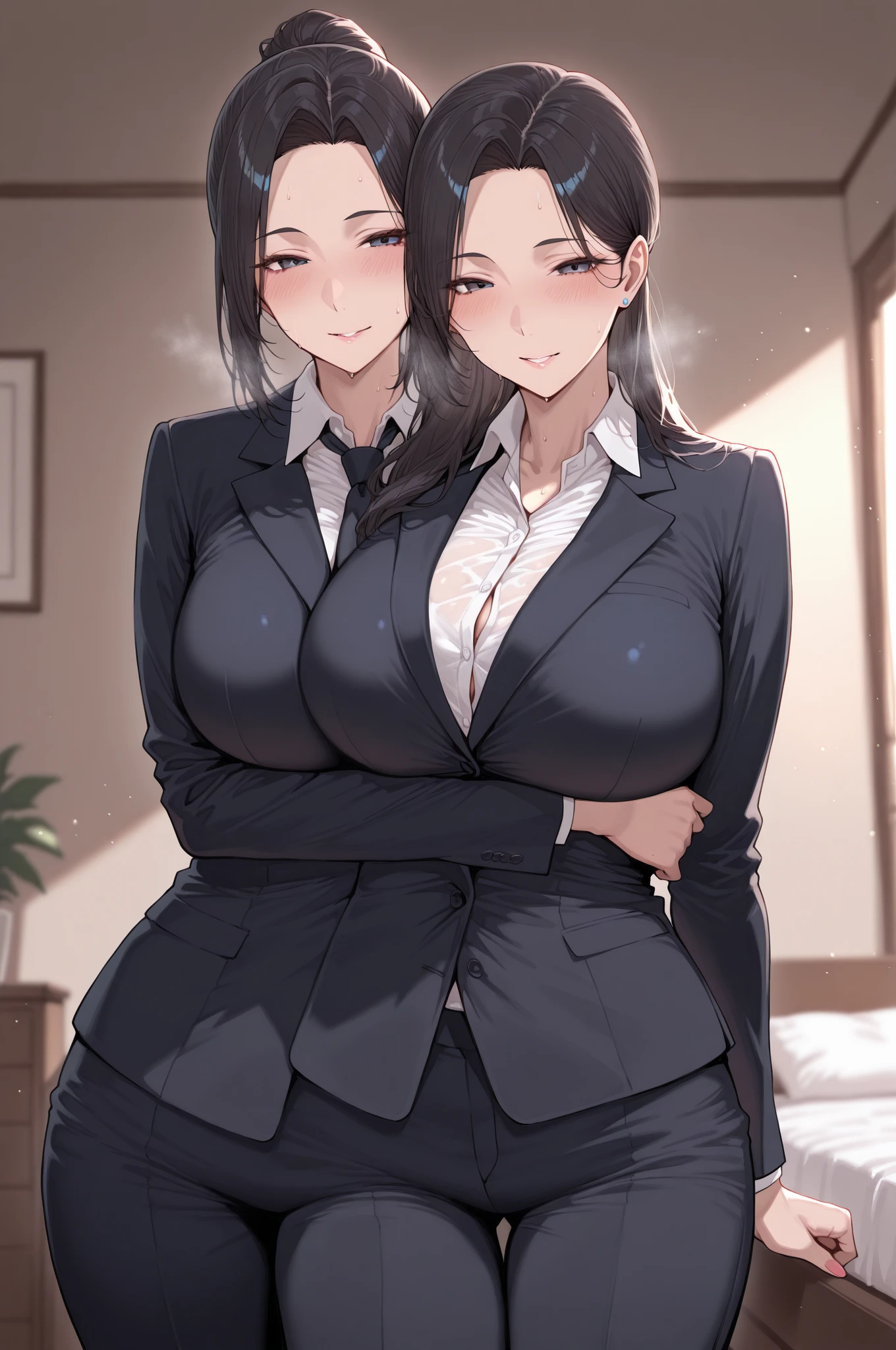 2heads, a tall thin woman with 2 heads. She has enormous breasts. She is wearing business attire. She is in an executive office. Laying on back, laying on desk. Straddling viewer, having sex with viewer. She has enormous fat breasts. She looks nerdy. Large circular glasses. She is smiling wide. She looks drunk. She has messy hair. She has giant hard nipples. She has gigantic fat breasts. She is very tall and thin. She looks young. Blushing, aroused. Drunk, intoxicated.