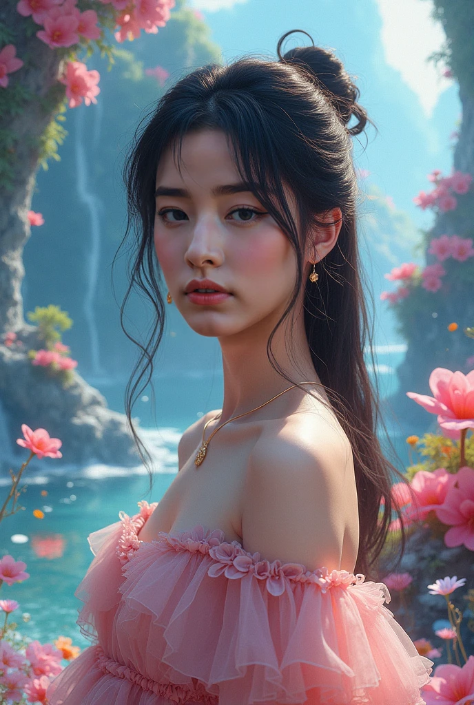 tmasterpiece,Best quality,8k wallpaper,ultra - detailed,Ultra-high sharpness,photography,actual,1 busty girl,Alone,Critical hit rate,black hair color hair,Side braids,off and on,morningglow,pastels,cold shades,rays of sunshine,Soft lighting,Peaceful atmosphere,The tranquility of the early morning,