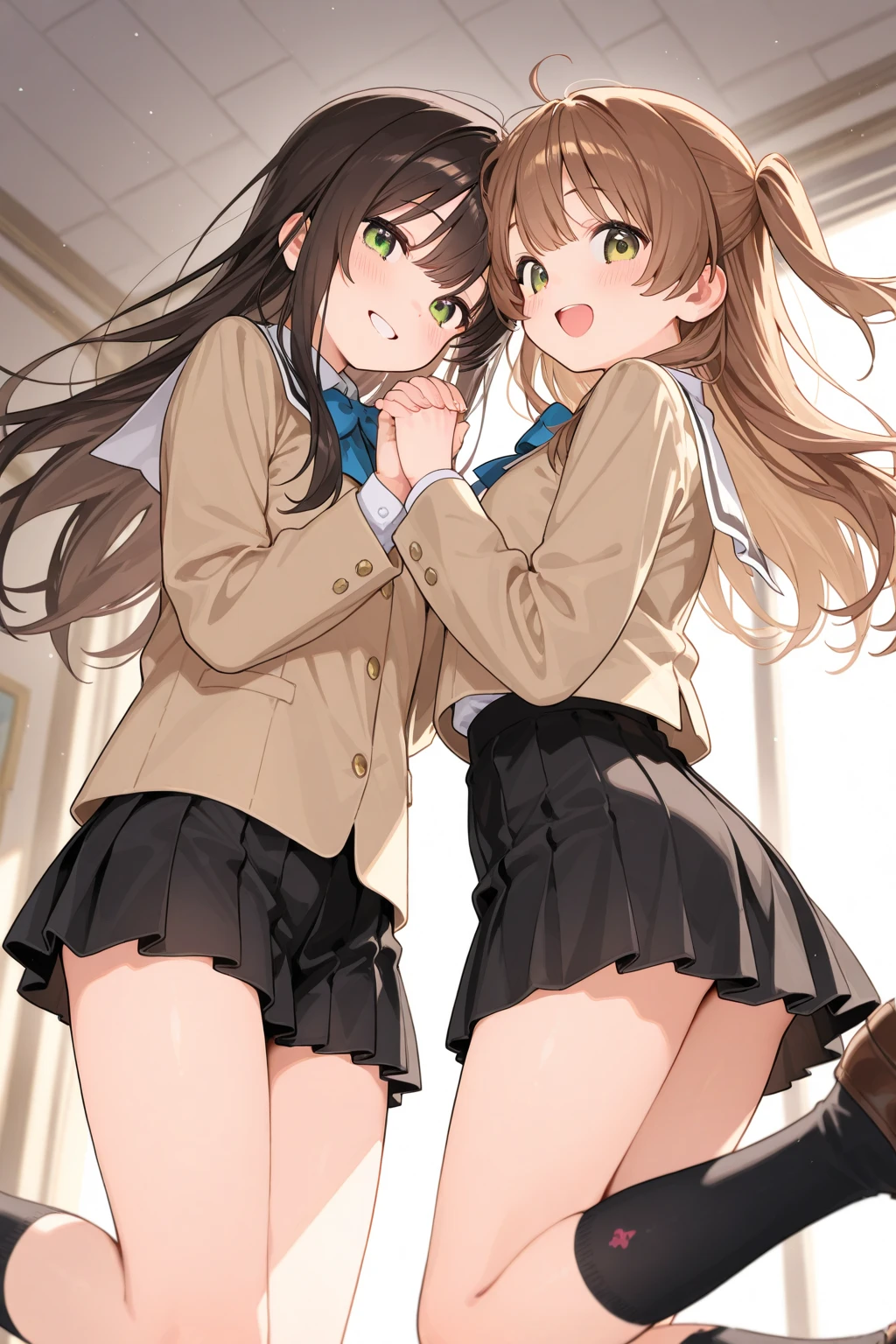 (masterpiece, Highest quality), (((Perfect Anatomy, Anatomically correct))), ((1 Girl)), Long hair, Braiding、Blunt bangs, Light brown hair, happiness, Green Eyes, hair ornaments, School_uniform, short_Dispel, just_feet, blue sky, window, Front view, Insights,The body is slim, Compresses on the chest, ((Beige cardigan,Green pleated skirt、Blue Neck Ribbon、White knee-high socks)),Pastel colored pantiesが見えている、((Pastel colored panties))、((Shiny panties))、((Normal location:1.4))、(((Straddle)))，((feetを開いて座らされた…))、((orgasm:1.6)),((((M-shaped legs:1.1))),((Lift up your shirt:1.5)),((Showing off your bra)),(((Lace bra))),Award-winning bra designs、Random Color Bra、((((M-shaped legs:1.1)))、((orgasm:1.3)),((((M-shaped legs:1.1))),(((Sex with a man))),(Vagina Penis),Erotic atmosphere,Stupid,shortness of breath:1.6,((Pussy juice:1.3))