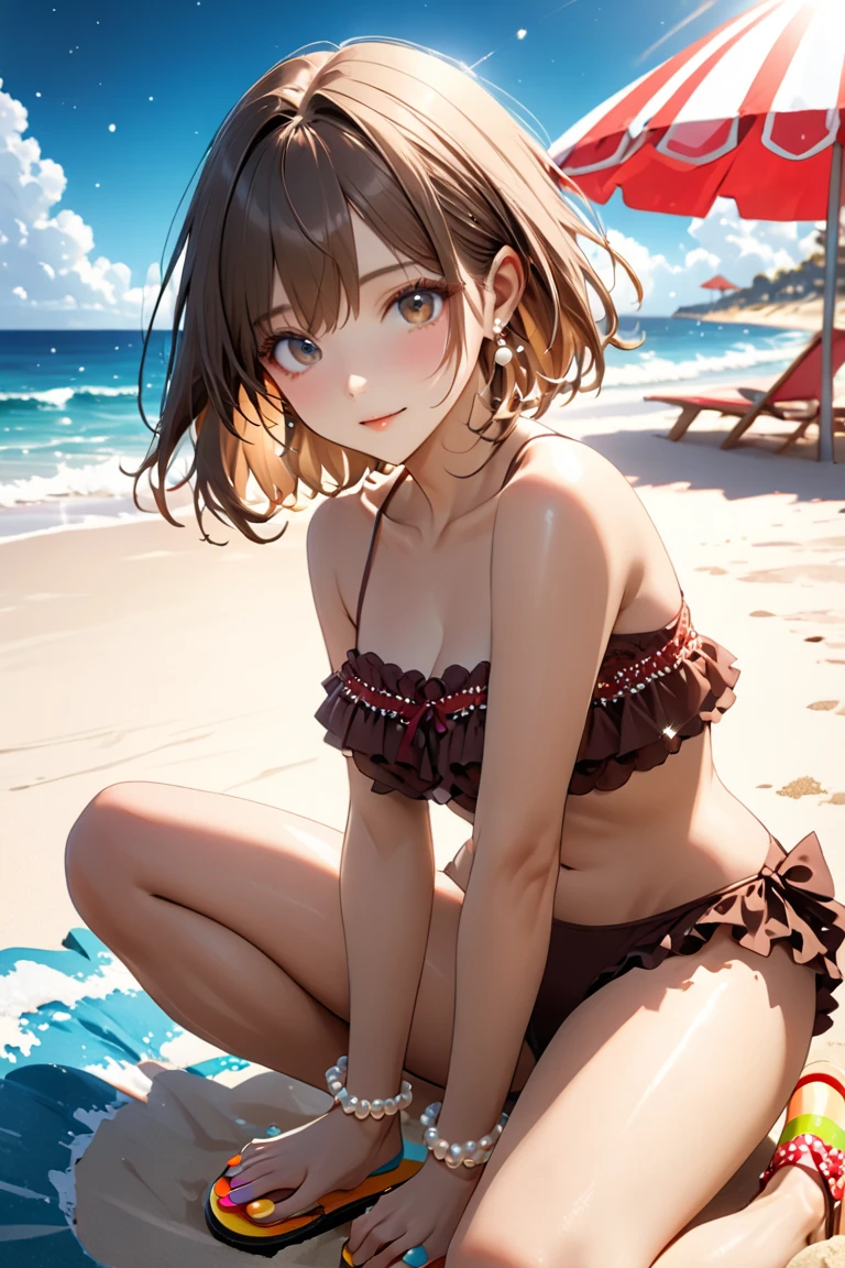 masterpiece, Highest quality, High resolution, Gloria1, 1 Girl, Gloria\(Pokémon\), Brown Hair, , Brown Eyes, , Short Hair, , Bobcut, bangs, , 　１Describe a girl carefully　１Girl　smile　blush　Open Mouth　blush　beach　Ocean　Sexy Bikini