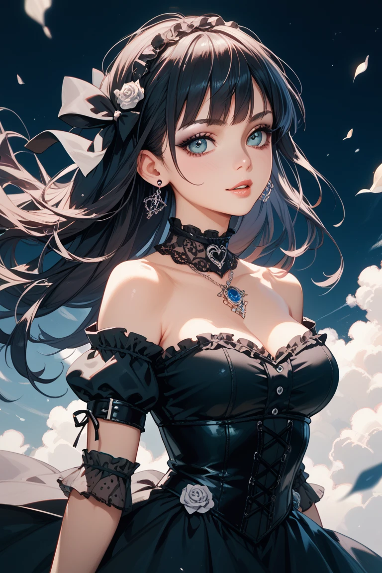 1 Girl, Mysterious look, Sharp Eye, long, flowing black hair, Gothic Costume, enigmatic smile, Pale complexion, Elegant Features BREAK Dramatic High Angle Shot, (Bird&#39;s Eye View:1.2), Symmetrical Configuration, Monochromatic, Deep Shadow, Subtle highlights, Spooky atmosphere, Artistic Details BREAK Ancient Cathedral, Stained Glass Windows, Decorative pillars, Flickering Candle, Ethereal atmosphere, Secret Whispers, Timeless beauty, Absurd, High resolution, Individuality, masterpiece