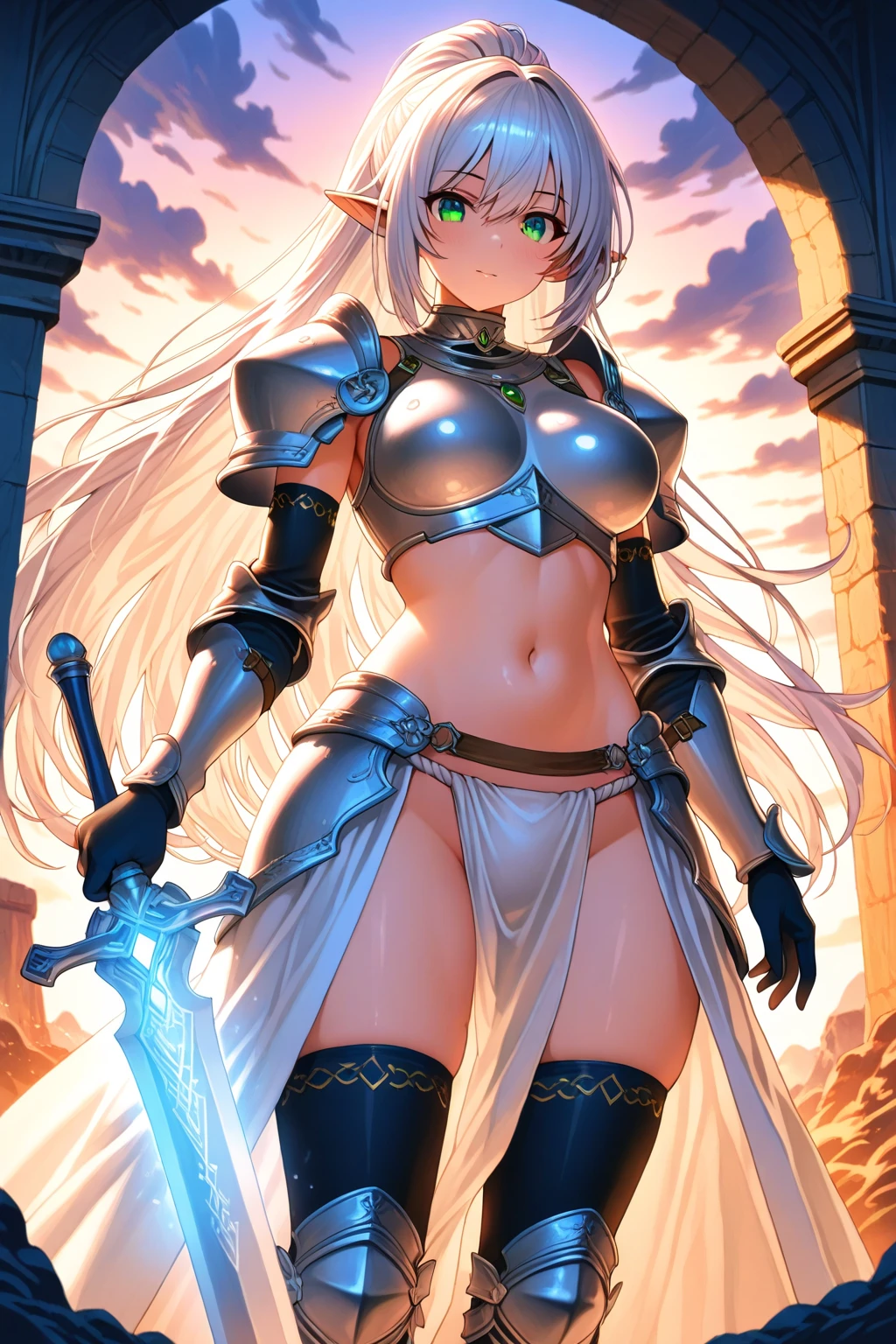 ((masutepiece, Best Quality, hight resolution, nffsw, Perfect Pixel, depth of fields, 4K, nffsw, nffsw))), 1girl in, Single, Solo, Beautiful anime girl, Beautiful Art Style, Anime Character, ((Long hair, Bangs, Black hair, Curly hair:0.8)), ((rounded eyes, Beautiful eyelashes, Realistic eyes)), ((Detailed face,)), ((Smooth texture:0.75, Realistic texture:0.65, Photorealistic:1.1, Anime CG style)), medium breasts, a close up of a woman in armor holding a sword, armor girl, bikini armor female knight, Bikini Armor, bikini-armor, Gorgeous Female Paladin, Female knight, of a beautiful female knight, Beautiful armor, A slender、silver bikini armor, Exposure of the abdomen, ornate bikini armor, stunning armor, The knight of beauty smiled,Longitudinal navel、Skin luster、Skin luster、full body Esbian,Futomo,Silver Armored Boots