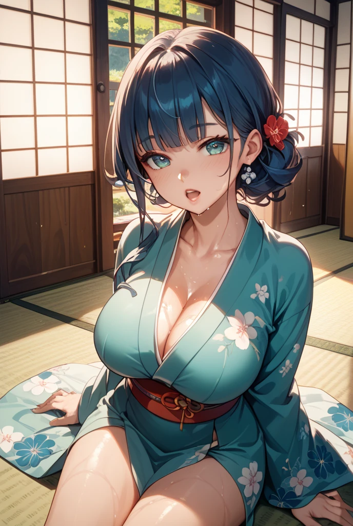 top-quality、Top image quality、masterpiece、teens girl((18year old、 Ager、Best Bust、Medium bust,wide open breast tea、light blue eyerest, Black and light blue hair、A slender,Large valleys、dye one's cheeks red、disheveled black yukata、Sit up、Being drunk、Bright red in the face、Disturbed pose、sexypose、Seduction poses、all-fours、Leaning forward)),hiquality、Beautiful Art、Background with((Ryokans in Japan、Night Hostel、Ryokan rooms、Tatami mats、Sake、dark ilumination、futon bedding/bed linen set、depth of fields、movie、