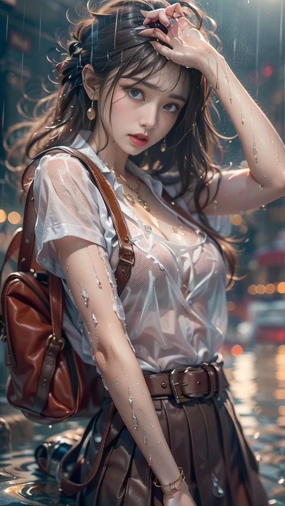 (Realistic:1.3, 16k, highest quality, masterpiece, Ultra-high resolution), ((snow, From below)), Perfect dynamic composition:1.2, (Modern city at night, In front of the supermarket at night, Expressions of sadness:0.5, Sit with your knees bent:0.5), Highly detailed skin and facial textures:1.2, Young Japanese woman getting wet in the rain, Incredibly slim body, Fair skin, Sexy beauty, beautifully、aesthetic, Very beautiful face, Water droplets on the skin, (The rain drips down on my body, Wet body, Wet Hair), (Wet tight skirt, Wearing wet casual clothes), (Shapely breasts, Chest gap), (Big eyes that exude beautiful eroticism, Lips that exude beautiful eroticism), necklace, Earrings, bracelet, wedding ring, Shoulder bag, clock, Cowboy Shot