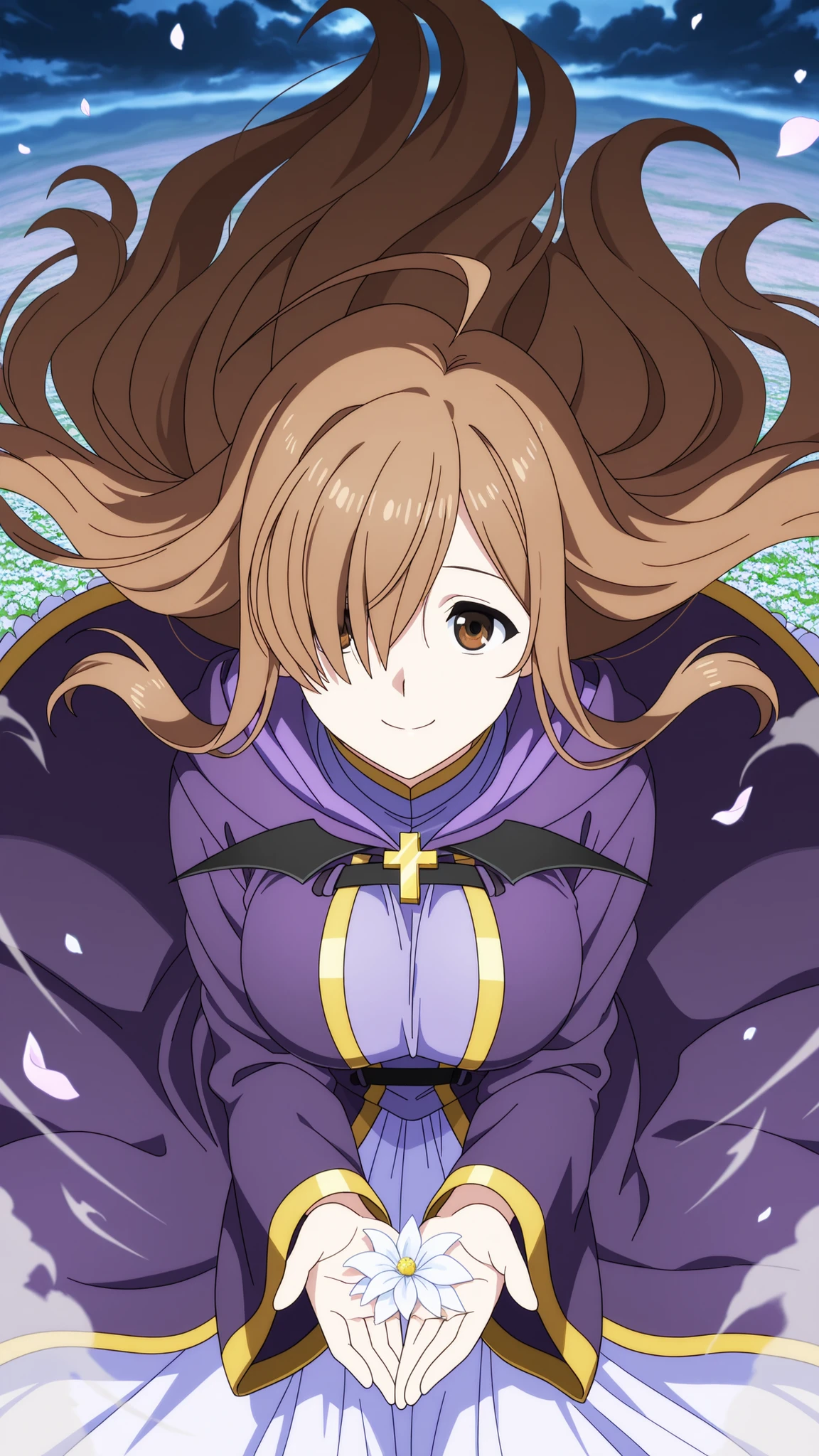 BREAK (masterpiece:1.2), best quality, high resolution, unity 8k wallpaper, (illustration:0.8), Dark poppy field under swirling storm clouds,
wind violently shaking the flowers,
dust and petals in the air,
ominous tension, anime cinematic style,
by CoMix Wave Films, detailed,wiz, ahoge, brown eyes, light brown hair, hair over one eye, long hair,,cross, dress, hood, hood down, jewelry, latin cross, long dress, long sleeves, purple dress, robe, purple robe,,floating skirt,looking at viewer,cowboy shot,wide-angel,sexy pose,from above,smile,floating hair,