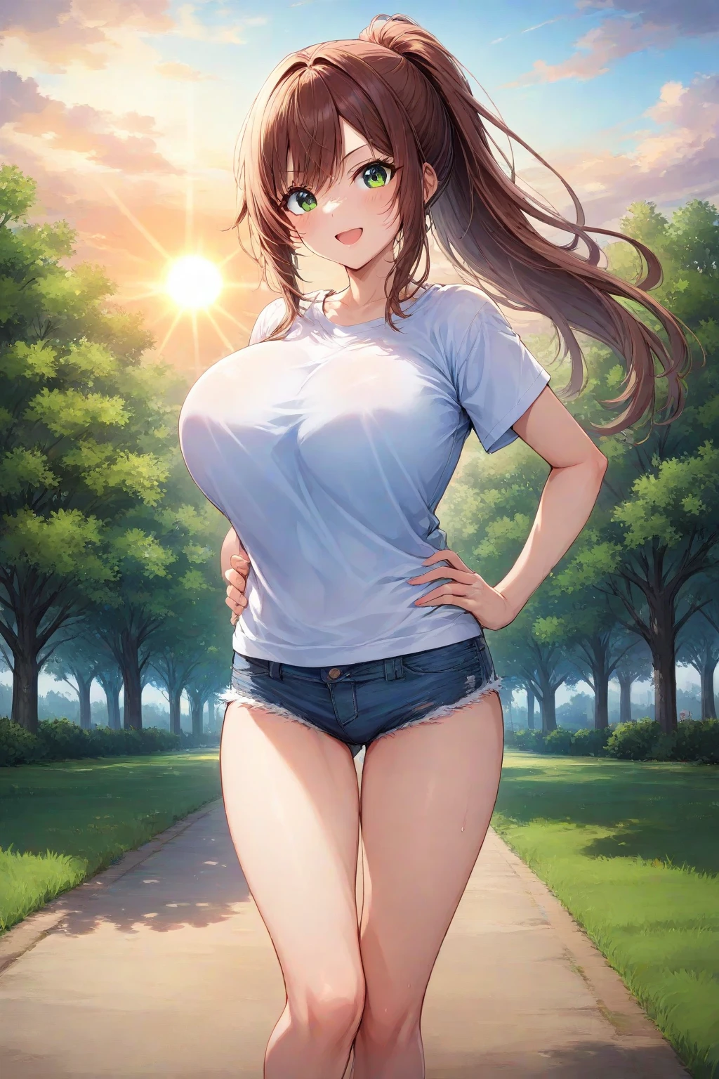 (((Best Quality))), ((Masterpiece)), ((Perfect Anatomy)), ((Perfect Hands)), ((Accurately Weathered Clothing)), ((Best Resolution)), (((Highest Detail))), ((Accurate Clothes)), (Proper Color Usage), (((1girl))), A Beautiful Cute Girl, with (Long Brunette Hair), (Big Beautiful Blue Eyes), (Giant Breasts), (Extra Large Thighs, Extra Thick Thighs), Big Cleavage, Very Athletic and Fit figure, but still Very Curvy Body. Wearing a (Red Running Shirt), Black Gym Shorts. Walking in the woods right outside the city, with a happy expression.