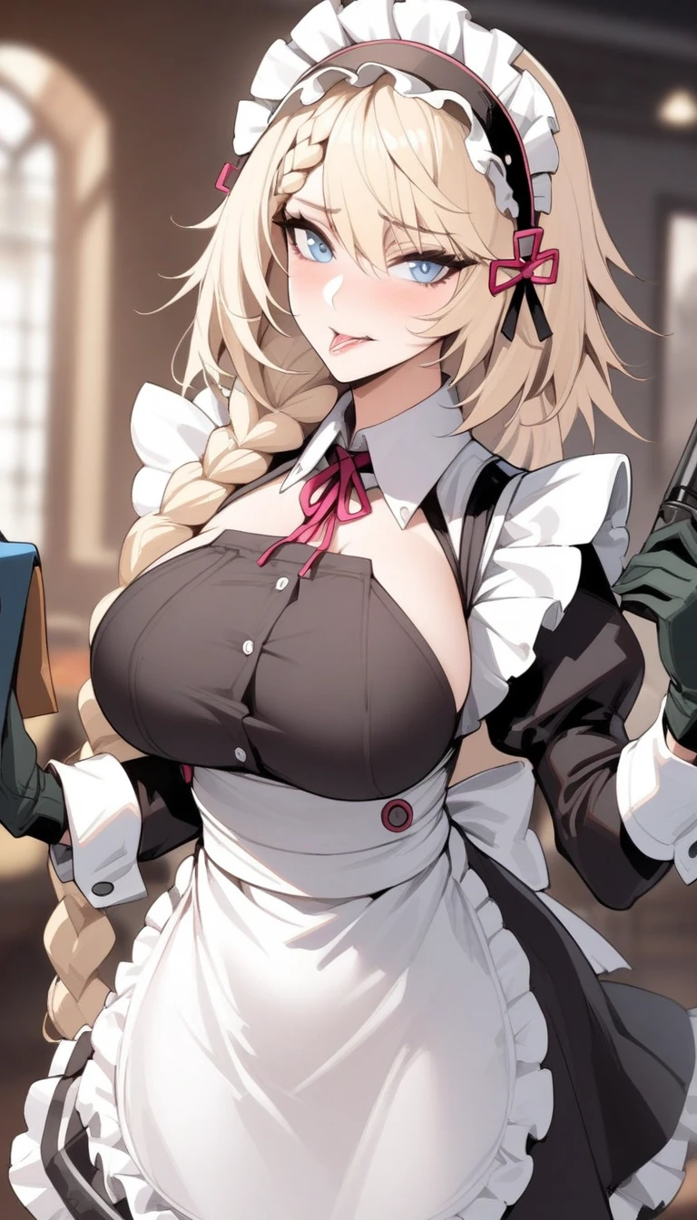 masterpiece, best quality, very aesthetic, absurdres, 1girl, mature_lady, ,1girl, g36 \(girls' frontline\), girls' frontline, blonde hair, long hair, braid, maid headdress, blue eyes, breasts, maid, gloves, apron, holding,lip biting,Traditional / Classic - Draws inspiration from historical architectural styles of specific regions.,blur background,background defocus