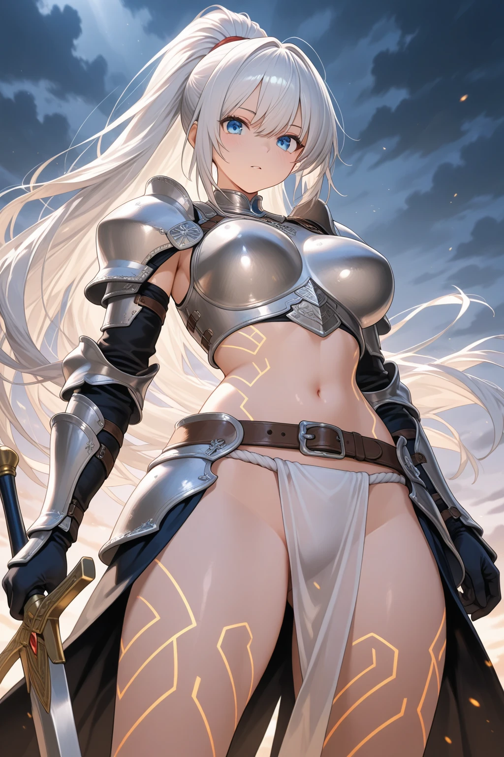 beautiful woman alone, bikini armor, circular shield, straight sword, big breasts, long hair, sexy body, woman knight