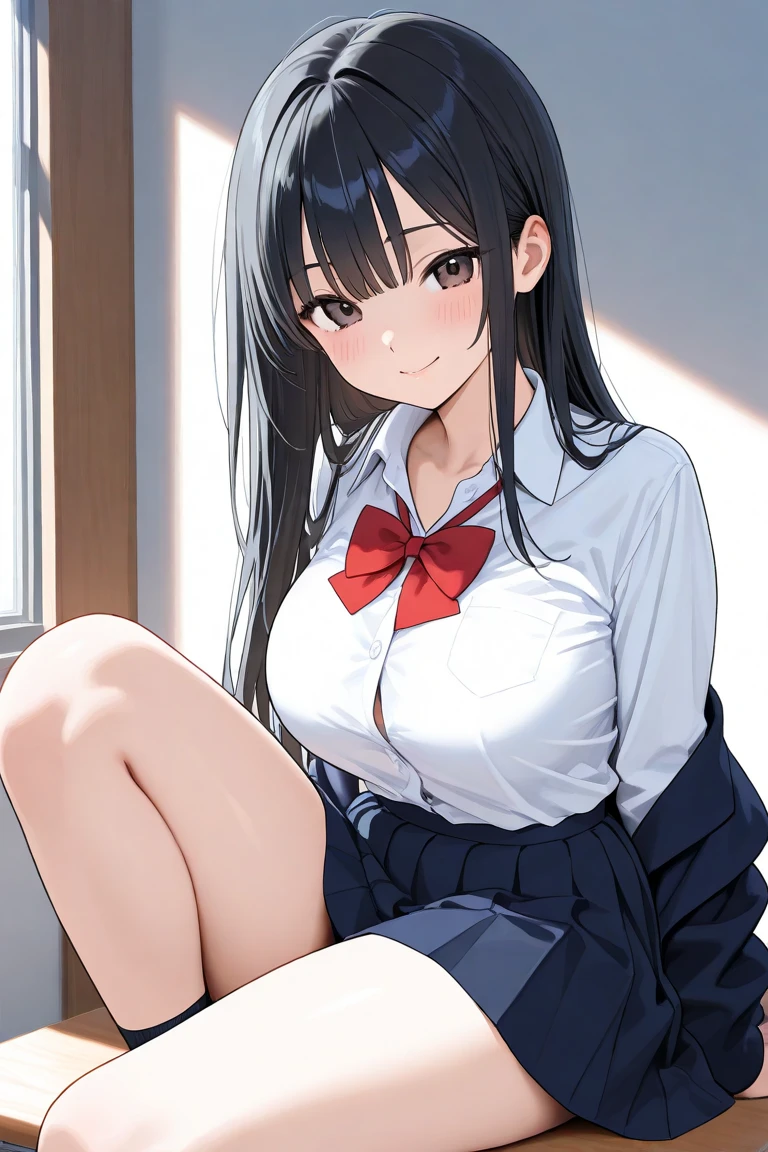 (masterpiece, best quality:1.2),illustration,8k,hd,1girl,solo,upper body,(portrait:1.2),horns,large breasts,very long hair,black hair,skirt,bow,pleated skirt,white shirt,red bowtie,short sleeves,collared shirt,parted bangs,white thighhighs,(summer sailor uniform, serafuku, red butterfly tie, naby pleated micro skirt, celeste string panties), sitting, squatting, spreading legs, (((torn clothes, dripping wet clothes))), peeing, peeing over panties
