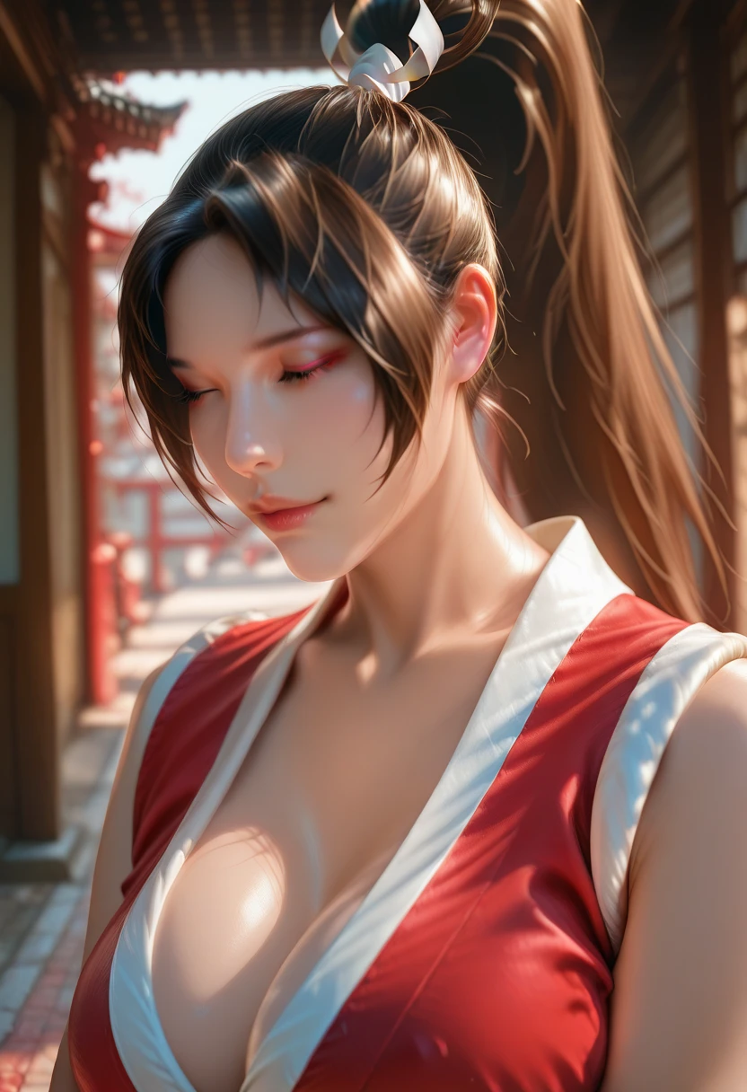 Mai Shiranui, rosto bonito e calmo. Olhos cor de marfim, nariz pequeno, sobrancelhas perfeitamente arqueadas, and minora. She's got her hair tied up in a braid, e uma pulseira choker prendendo os fios. um brilho especial, como se fosse radiante. Eyelashes are long and beautiful, Long eyelashes, and the eye has a slightly Asian shape. The face is immaculate and wrinkle-free, e parece ser pequeno e atraente. His nose is small and straight, em uma forma perfeita. Your mouth is small, with lips that are a little thick. Her long brown hair is tied up in a braid, com alguns fios soltos em volta da testa. Your face is lit up by the sun, that's downloading, And you've got a seductive twinkle in your eye. Ela tem uma pele clara, mas um brilho muito bonito, And it's shining with the sun. A pele parece ser bem cuidada, e parece macia, como se estivesse sedosa. tem um rosto oval, com as bochechas redondas e ligeiramente vermelhas. Your chin is straight and attractive, And you've got a slight flush on your cheeks. Seu rosto tem um ajuste perfeito, And you've got two nice, well-rounded jaws. Seus olhos se destacam, serious expression