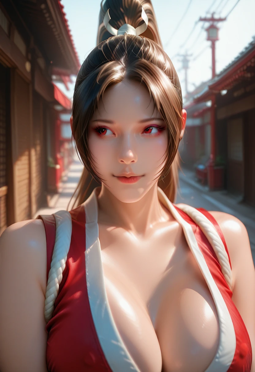 Mai Shiranui, (best quality,ultra-detailed),(realistic:1.37), beautiful and detailed face, ultra-realistic texture, delicate face, athletic body, vivid colors. High definition, 8k, angry expression
