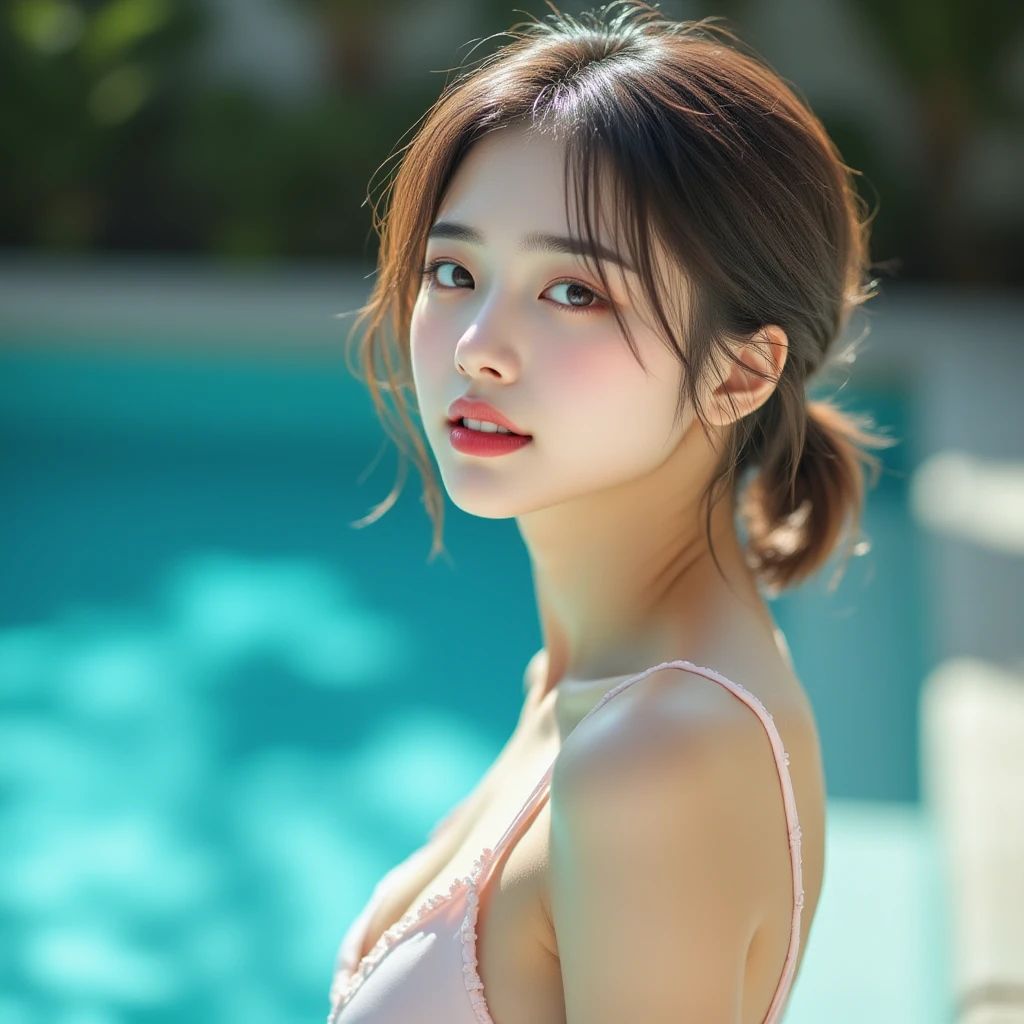 (Photoreal: 1.4), (Hyperrealistic: 1.4), (Realistic: 1.3), (Smooth Lighting: 1.05), (Improved Cinematic Lighting: 0.9), 32K, 1 Girl, 20 Year Old Girl, Realistic Lighting, Backlight, Face Lights, Ray Trace, (Whitening Light: 1.2), (Image Enhancement: 1.4), ( Best image quality real skin: 1.4), fine eyes, fine face, fine eyes, (increase in mood of body line: 1.1), (increase in beauty of skin texture: 1.1), immediately after getting out of the pool,