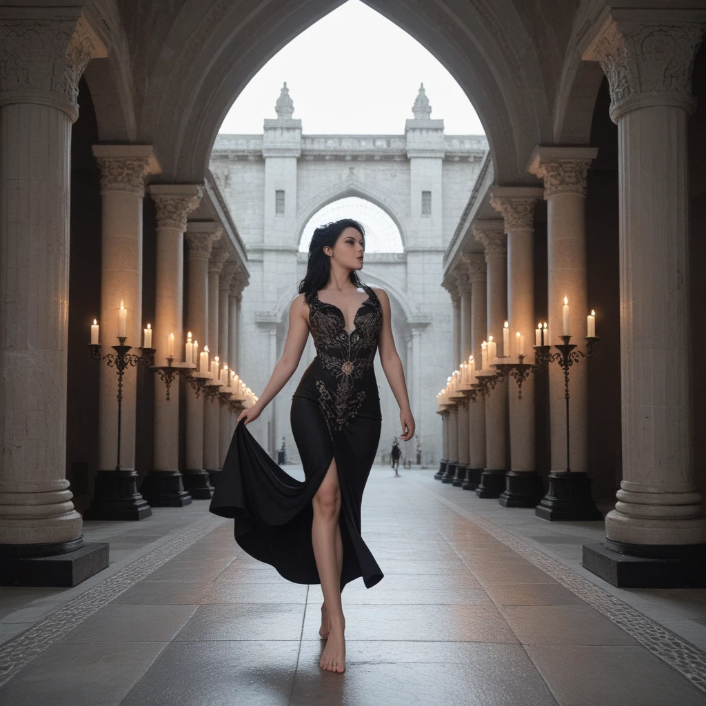 night,  jenna ortega , slim figure, slim thighs, sexy, smiling face, red lips, pig tails ,black hair, alluring pose, short black lace top, black silk shorts , fishnet stockings, black high heel shoes, tomb, jungle, rivers, ancient old buildings, looking from front, open magical glade
