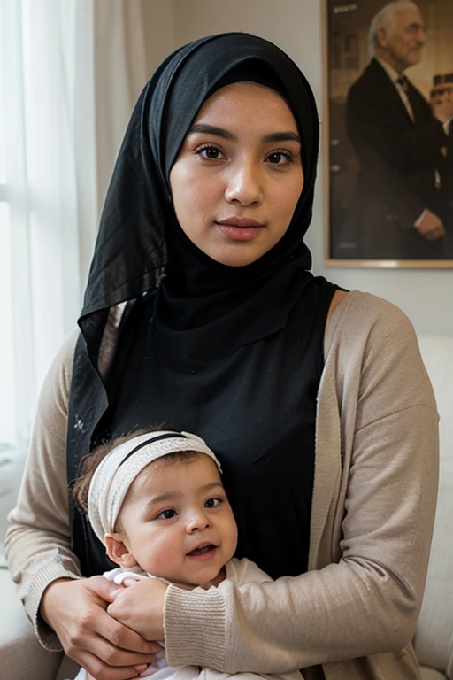 Pale skin Kurdish woman in hijab embracing her ebony African baby sitting in village room view from up