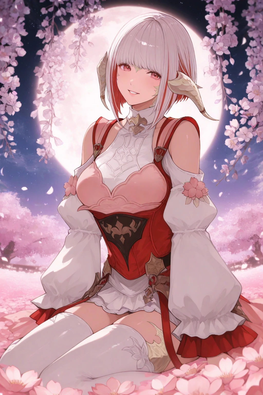 highres, absurdres, best quality, masterpiece, solo elphelt valentine, blue eyes, pink hair, short hair, rabbit ears, cleavage, bridal veil, spiked hairband, juliet sleeves, wedding dress, red gloves, clover, shoulder spikes, red belt, standing, forest, cityscape, <lora:elphelt valentine-000005:1>