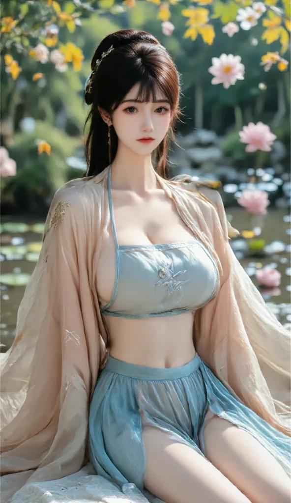 Chinese Clothing，White clothing，Outfit is pink flower pattern，Chinese Art Style，Fashion model 18 years old(((Large Breasts、Low-cut，Cleavage, Wide hips,)))((Long legs)),Hourglass figure)) [[[[Features]]]], [[[[]]]], [[[[Cole]]]], [[[[bShoulder]]]], Perfect eyes, Perfect iris，Perfect lips，Perfect Teeth，Perfect skin，Fair skin，Soft headlight，HDR，girl，Long gray hair，Sad expression，The background is outdoors，light blue flowers，4K Ultra HD, Ultra-high resolution, (Reality: 1.4), best quality，masterpiece，Super dilution，（Pastel colors：1.2）