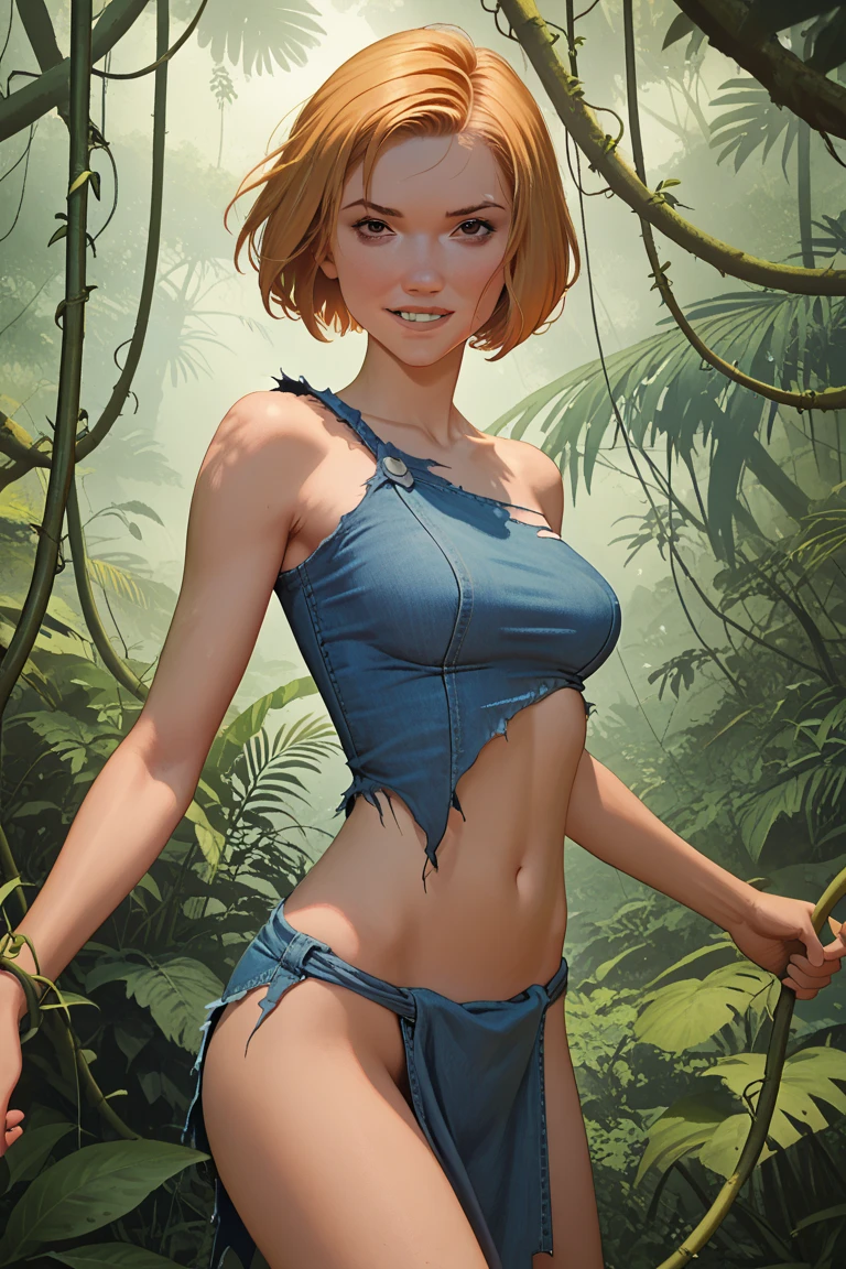 gwen tennyson,tracer,bulma,rebecca chambers,1girl,close up,mayan jungle,military uniform,military leotard,military shorts,jade head and neck jewelry,short hair,mayan jungle,green eyes,orange hair,shy smile,freckles,redhead,beautiful girl,large breasts,ultra detailed,realistic,fantasy art,