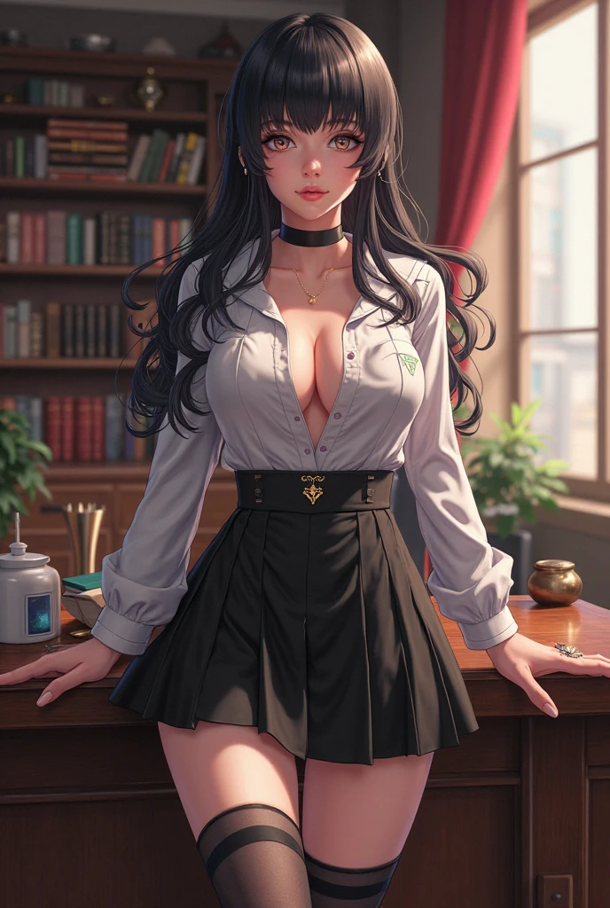 masterpiece, high quality, a beautiful girl, Long hair, black hair, wavy hair, smiling face, green eyes, big breasts, black shirt, Open shirt, black skirt, back of a classroom