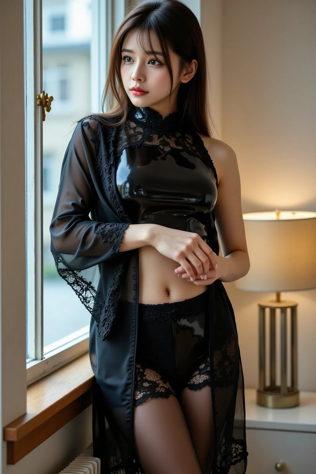 (realistic:1.3), finely detailed, quality, rembrandt lighting, (masterpiece:1.2), (photorealistic:1.2), (best quality), (detailed skin:1.3), (intricate details), dramatic, ray tracing, 1girl, japanese girl, 21 years old, detailed skin texture, (blush:0.5), (goosebumps:0.5), subsurface scattering, smiling, medium breasts, updo hair, bangs, hair between eyes, hair ornament, edgNoire, a woman in a black sheer dress, intricate floral lace embroidery, wearing edgNoire, cowboy shot, (night, lavish setting, resplendent),  <lora:edgNoire1:1>