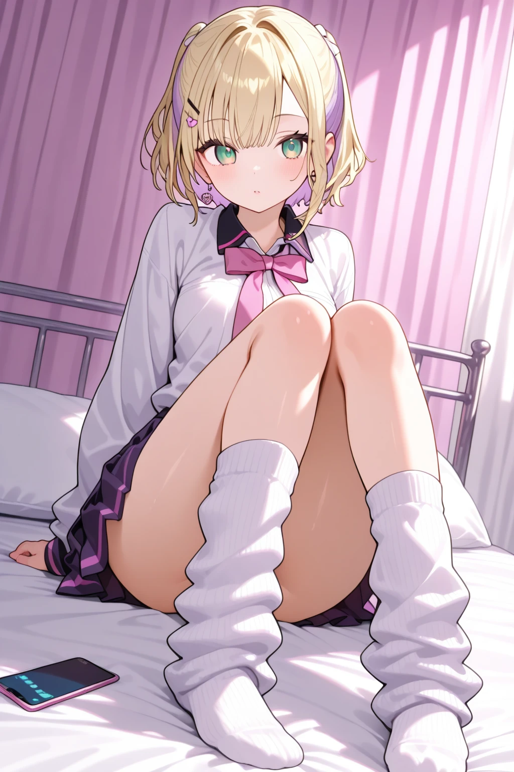 (Tabletop, Highest quality, Super detailed), One Girl, Purple eyes, Blonde Hair, Dark Skin, Short Hair、Perm Hair、((loose socks))、(Bedroom)、(ロングloose socks)