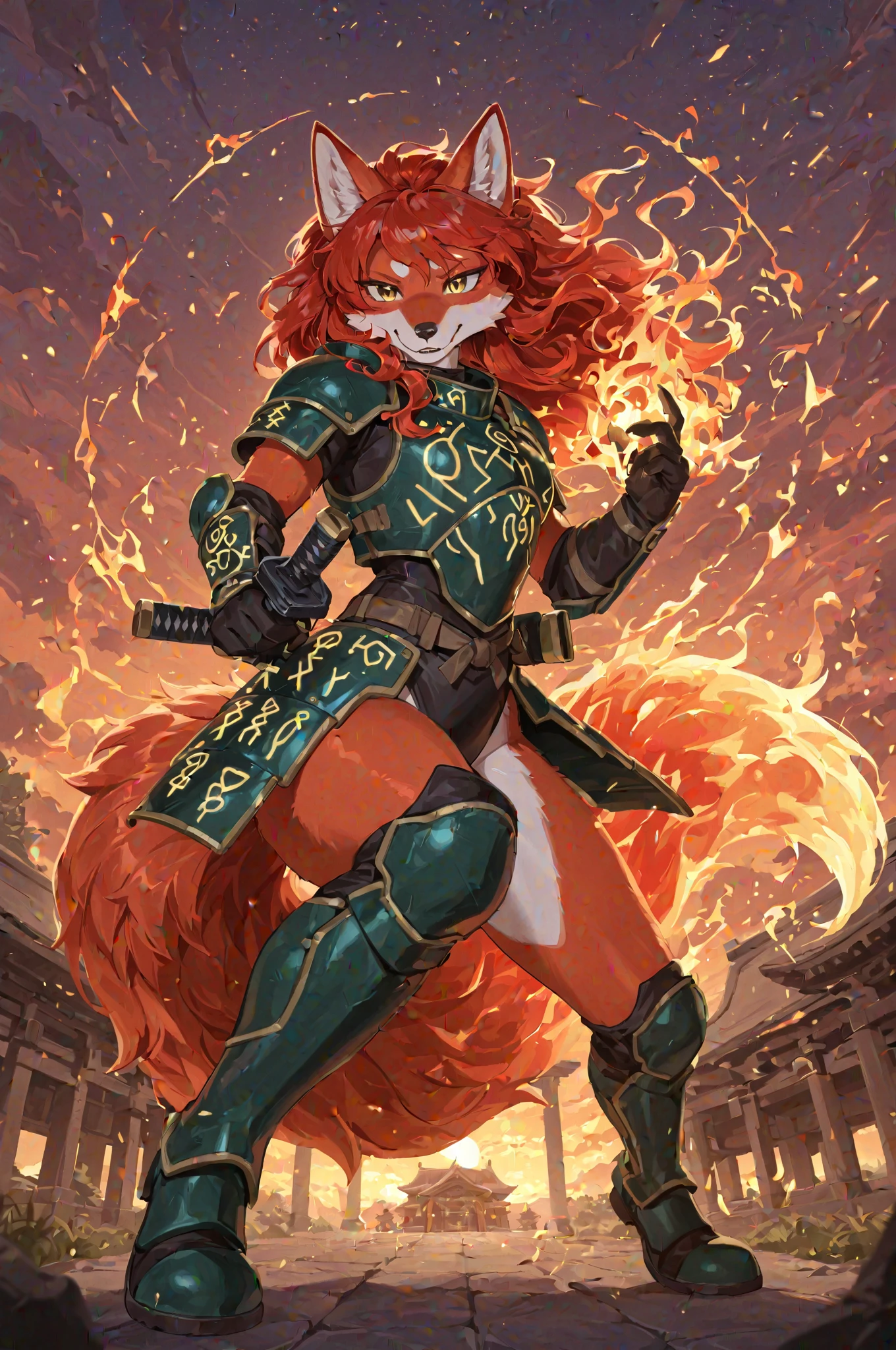 Solo, Score_9, score_8_up, score_7_up, kemono style, Kimiko, An Anthro furry red panda girl, red furry body, red panda tail, , black nose, red hair, braided hair, majestic, long legs, athletic arms and legs, green emerald eyes, toned legs, toned thighs,majestic, heavy leather gauntlet on right side, heavy leather shoulder armor right side, rolled up sleeveless collared shirt, white dress shirt, torn skirt black, ripped skirt, battle damage, fighting pose, confident smirk, chi energy, monk techniques, martial arts, leather brown leather boots, visible legs, full body shot, punching, punching position