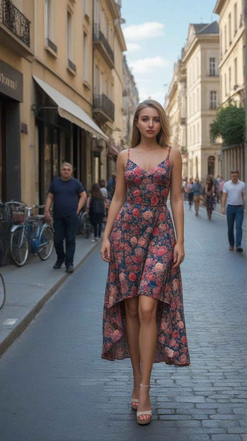 Photo in old money style.  Super detail. Blonde Girl, hair gathered in a hairstyle, sunglasses,  silk red dress. Background street in Rome,  1 rare car is standing nearby. Photo taken on Sony a7iii 50mm 1.2