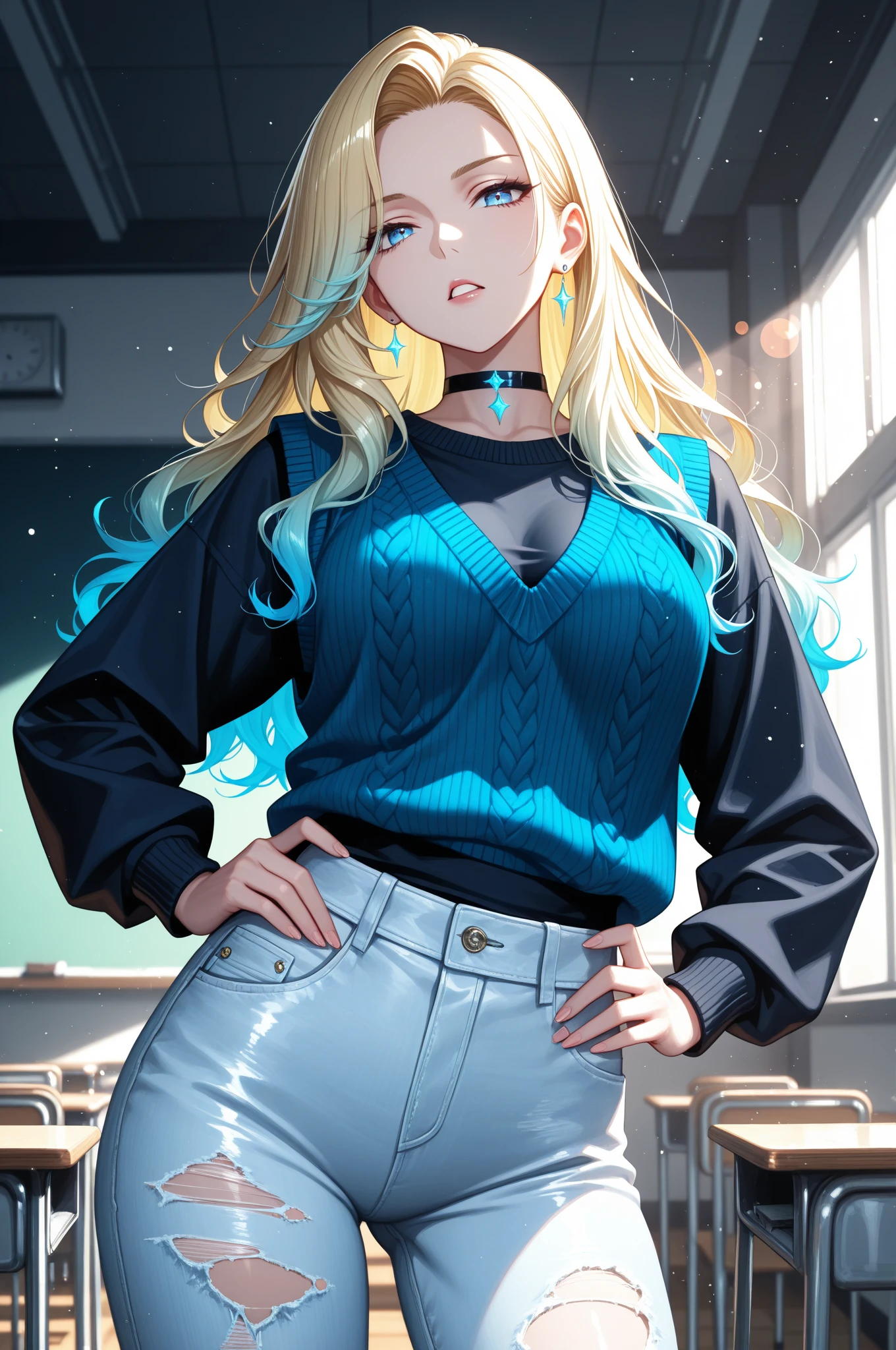 young girl, blue eyes, blue Pullover, black long skirt, whole body to see, smiled, excited, moans, blond long hair, sexy pose, big breasts, wide hips