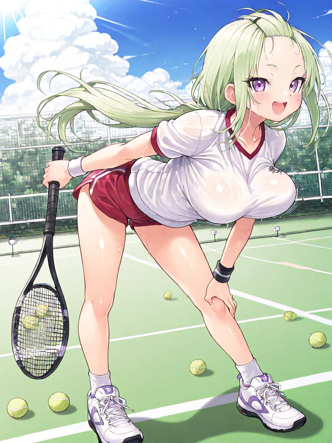 masterpiece,best quality,1girl, 18yo, beautiful girl,BREAK,(White tennis wear,Wet and nipples visible,Green panties:1.6),BREAK,(blush:1.5),(Sexual climax,Female ejaculation,Spread your legs:1.5)