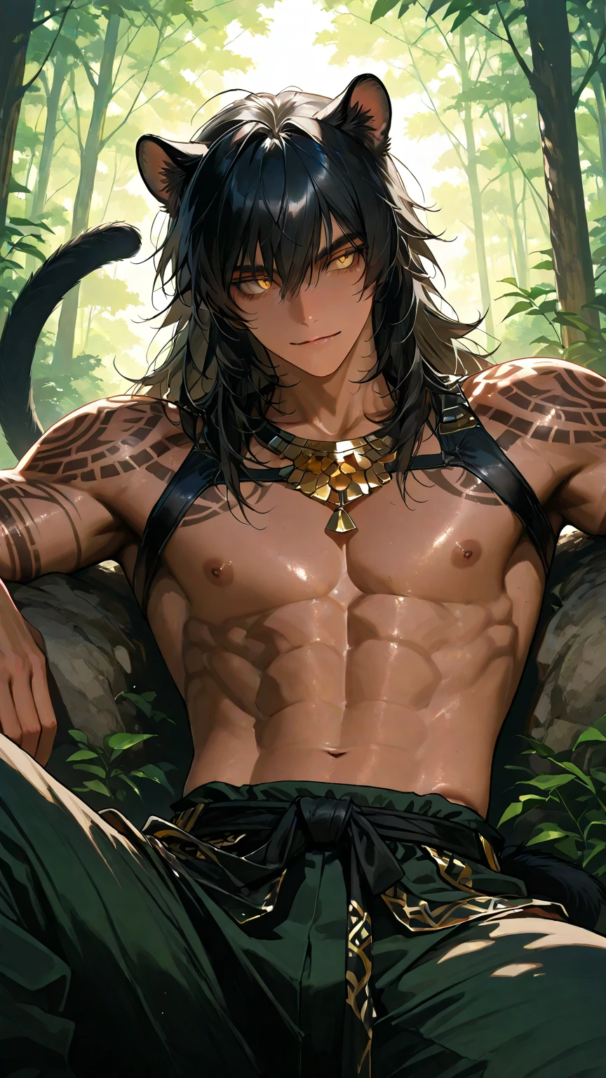 dark skin, short haired, Wearing a badly torn loincloth、Lying on a bed of fallen leaves in a hut in a jungle village、A slender macho tribal boy wet with a large amount of cloudy liquid., barbarian, I have a pink tattoo on my lower abdomen., wearing a dog collar