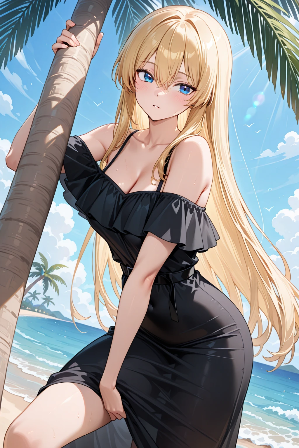 1girl, solo, masterpiece, best quality, nipples, pussy, cutout, swimsuit, <lora:cutoutswimsuit:0.7>, beach, large breasts, white hair,
