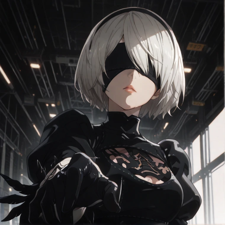 (8k, best quality, masterpiece:1.2), (ultra-detailed), (high quality:1.3), (high resolution), detailed hair, ((dramatic lighting)), sharp focus, no blindfold, medium breasts, hair over one eye, <lyco:2b:0.75>, yorha no. 2 type b, 1girl, solo, black dress, closed mouth, emotionless, expressionless, outdoors, sharp eyes, <lora:sharp_eyes:0.8>