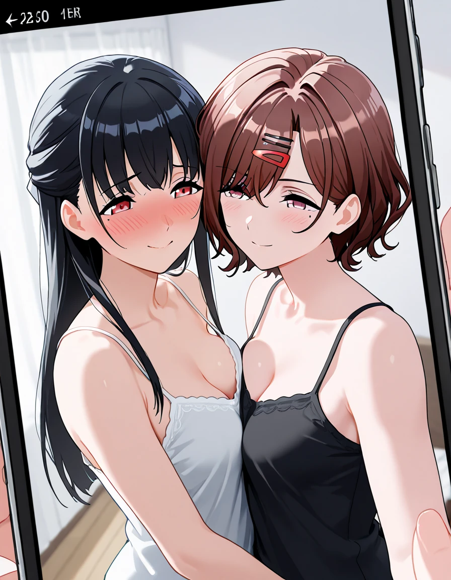 realistic, 2girls, ((selfie)), brown eyes, body close together, looking up, mouth wide open, smiling, face extra large zoom, sitting on bed, sexy, (bare shoulders), (covered nipples), (camisole), (lace-trimmed), (shorts), (dolphin shorts), (small breasts)