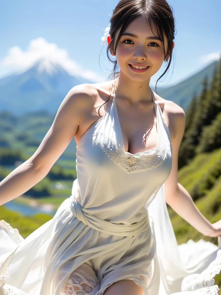 NSFW, ((highest quality)), ((8K)), ((masterpiece:1.3)), (be familiar with), perfect face, no underwear, hairy pussy,  ((japanese woman)), (Married woman), ((47 years old)), (( giant big big sagging breasts:1.5 )), large hips, slim waist (((Layering petticoat dress and no underwear))), ((Silk petticoat dress)), flashing hairy pussy, (Transparent white pericoat dress:1.05), (white bra:1), (2 sets of shoulder straps), (Bunty), (wrinkles on the face:1.2), ((wrinkles at the corners of the eyes)), A slightl smile look, (lips slightly open), (Look diagonally forward to the left:1.3), (Long wavy hair tied up with wavy bangs, embroidery in hair, white ribbons, ), double upper eyelid, mid range view, torso up, hands together near crotch, head tilted, looking up, smiling