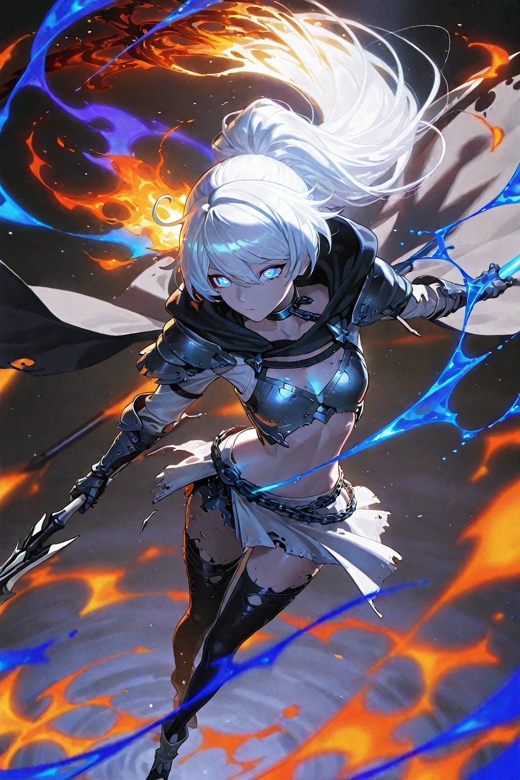 A mystical warrior woman with silver hair, glistening green eyes, and black leather, one hand holds a glowing orb and the other a glistening silver long sword,