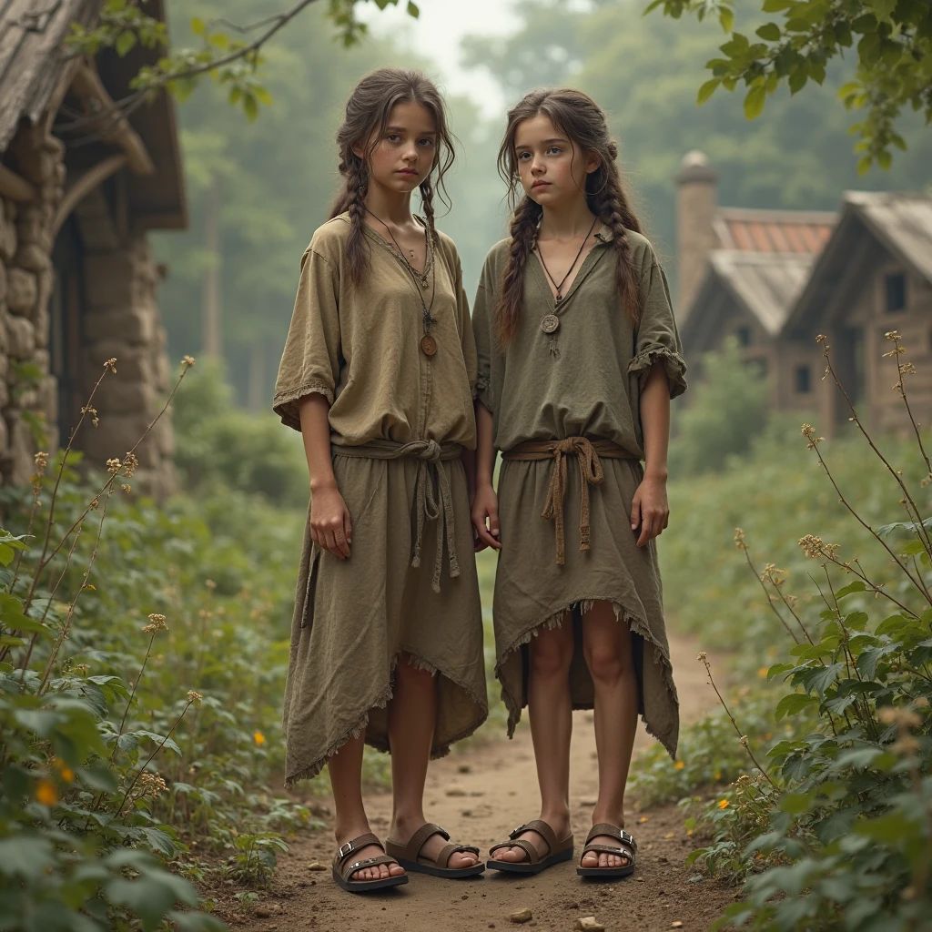 Two elf children, a boy and a girl, about 10 years old, wearing commoner's clothing, each with a sad expression and some bruises and injuries.