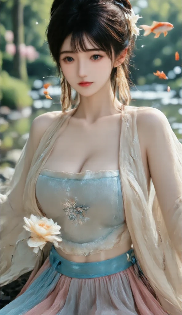 gufeng,Bare shoulders,best quality,masterpiece,Ultra-high resolution,Clear face,(realism:1.4),original photo,Cold Light,Woman in transparent clothes,Full body image,wallpaper anime blue water,Gurwitz-style artwork,water magic closeup fantasy,A beautiful artistic illustration,Water Nymphs,Beautiful digital artwork,Beautiful digital illustration,Li Song,a beautiful anime character;Art style,((Cardigan,Big boobs))