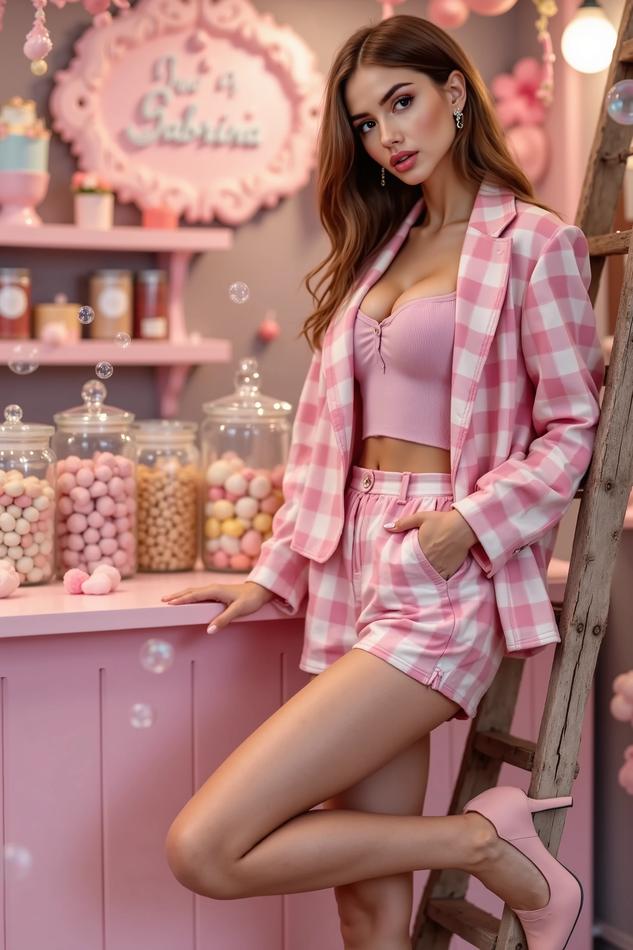 Ultra detailed, cinematic, arafed woman,masterpiece, full shot of a young woman, mid-thirties, posing playfully in a very pink, candy-themed setting. The woman is wearing a pink and white checkered outfit consisting of a cropped jacket and high-waisted shorts. She is also wearing pink pointed toe high heels. One leg is raised and resting on a rustic wooden ladder, while she leans against a pink counter.

The background is a whimsical candy shop, complete with jars of sweets, shelving with pink decorations, and a sign that reads "Sweet by Sabrina" in cursive. Soap bubbles float around the woman and the shop, adding a playful touch.

The scene is bathed in soft, diffused lighting, creating a dreamy, pastel ambiance. The camera angle is slightly low, emphasizing the woman's pose and the height of the ladder.