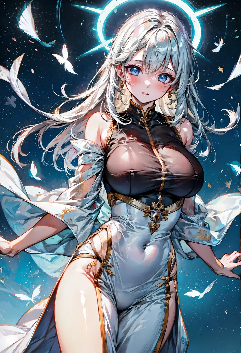 (Perfect body), (extremely delicate body), (pretty face), (nia teppelin), (stunning scene), perfect composition, aesthetic, dreaming, ethereal, celestial observatory, kind woman gazes at the celestial observatory, where spinning planets and glowing constellations fill her view, the cosmic light and humming energy create a futuristic atmosphere, leans back in awe, studying the stars, (dressed in a midnight blue chiffon top:1.1), (star-patterned panties:1.1), (round breasts), (bubble butt), (wide hips:1.1), (slim waist:1.1), (thick thighs:1.1), (detailed face and eyes:1.2), the midnight setting enhances the delicate design of her celestial-themed underwear, masterpiece, hyper detailed, portrait, round iris, (blue eyes), (eye focus), sharp shine blue eyes, ultra detailed iri, (detailed hand and finger:1.2), (medium breasts:1.2), (busty), (deep cleavage:1.2), (labia outline:1.3), (hard teat:1.3).