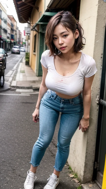 Most Beautiful 25 year old Indian woman, in the middle of the street, short tight denim clothes, ultra realistic, big soft breasts, deep cleavage, feminine curves, curvy body, super sexy, dynamic pose, sunglasses, silky bob hair, beautiful face, beautiful body, charming, alluring, full body photo, shot from front, shot from down below, leaning towards the viewer, legs spread and hands between her legs, hyper realistic, highly detailed, 3D, HDR