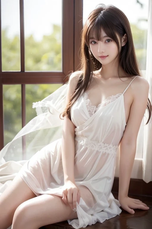 NFSW、Smile、photorealisim、top-quality、超A high resolution、a picture、日本生まれのVery beautiful girlのa picture、Very beautiful girl、Detailed cute and beautiful happy face、(pureerosface_v1:0.008)、Beautiful bangs、alice in the wonderland、12year old、Glowing white shiny skin、Bangs that extend to the face、Bangs between the eyes、length hair、Attractive bright natural platinum blonde silky hair、Cute hairstyles、Long、thin-waist、Visibly clear high resolution、Big eyes shine charmingly、nightgown、eye liner、Double eyelids、Lush medium semi-nude bust、clevage、Perfect beautiful young body、Perfectly proportioned body、Bedrooms、sit on a bed、sit in
