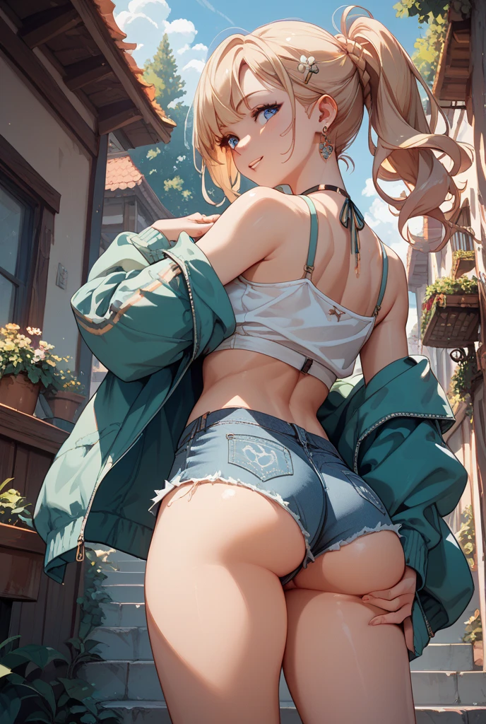 nsfw,Browsing Caution,From the back,((Subjective hand:1.3)),((Spanking:1.3)),((Perfect Anatomy:1.5,Realistic,:1.3,Raw photo:1.3,masterpiece、highest quality、Ultra - High resolution、High resolution、Extremely detailed CG、8k)),Cowboy Shot,1 female,alone,profile、20 year old beauty,(Beautiful and exquisite face and eyes,Big and beautiful eyes),Bright green eyes,(Blonde Hair,ponytail,Long Hair,bangs),(Small Head、Glowing Skin,Oily skin,Shiny skin),((Light green hooded sweatshirt,Oversized hooded sweatshirt,white_Knee socks,white  panties)),alley、人気のないalley裏、Graffiti art、Tokyo、Erect nipples:1.5、Crouch、((Wide hips:1.5、obesity:1.1))、Overflowing Sex Fluids