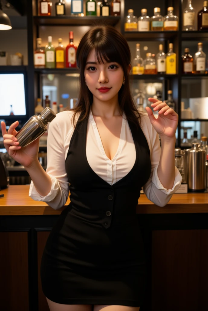 8k, 55 year old mature Japanese woman, Beautiful mature woman, Long eyelashes, Low Ponytail, Red lipstick, t shirt cleavage, mini skirt, Pearl Necklace, Red lipstick, sexy,