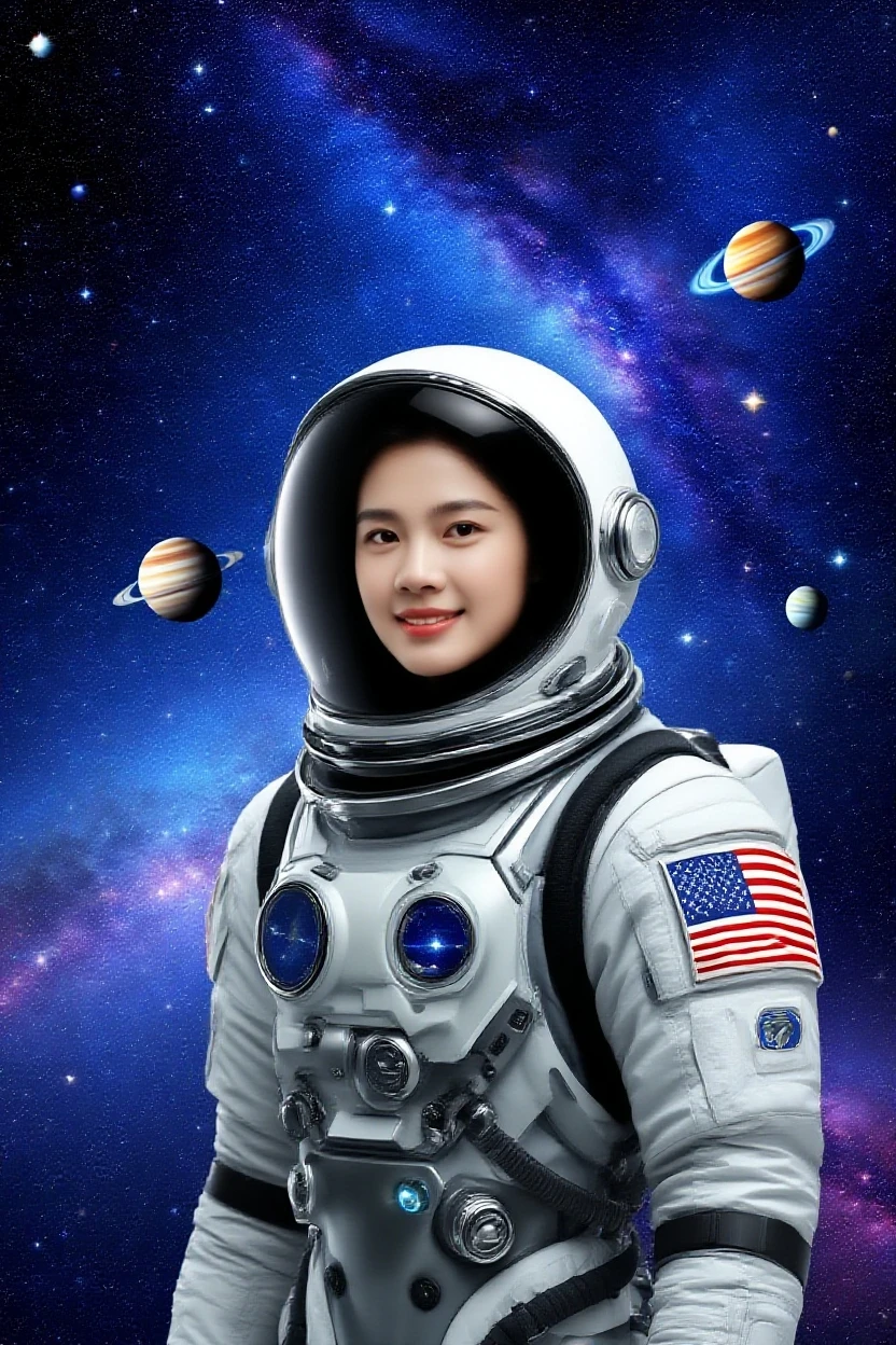 zkz atashi, waifu, realistic, masterpiece, best quality, Chinese Taiwanese (((zkz atashi))) dressed as an astronaut, looking at viewer, official art, black hair, ((beautiful symmetric face), perfect face, pretty face, [kawaii face], sexy face), beautiful brown eyes, ponytail, on the moon, alone, solo, 8k