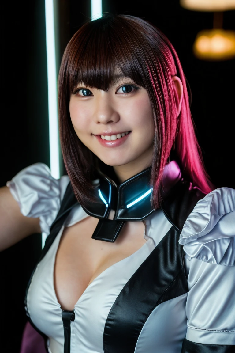 (best quality:1.2),(ultra detailed,highres,HDR,8k,3D,realistic,photorealistic,super fine,effects,official art,detailed background), (very happy smile,young,Japanese,detailed beautiful face), (Happy days),(round face,small face beauty), (dynamic pose:1.3), (head to thighs:1.3), ((Plain white super high-leg one-piece latex swimsuit that makes your crotch line look sexy: 1.3), (Latex that clearly shows your muscles and crotch bite: 1.3), (Big breasts: 1.6), (Plain white latex that makes your body line look sexy Short jacket: 1.3), (Plain white latex knee socks: 1.3), (Cyberpunk white headdress: 1.1), (Sci-fi movie props: 1.1), (Like a sci-fi movie poster: 1.1), (Sci-fi Movie Direction: 1.2),(cleavage:1.4),(Latex turtleneck:1):1.3)(planetarium:1.3), (the moon shines in the night sky:1.3), (universe:1.3), ((abstract background, fractal art, colorful, most detailed, zentangle, neon):1.3), ((Pitch darkness: 1.7), (Strong light falling in a radial pattern: 1.6), (Subject is illuminated by neon light: 1.7), (Innumerable light sources: 1.5), (Fractal: 1.5), (high contrast: 1.5), (Fantastic light in the darkness: 1.5):1.3)