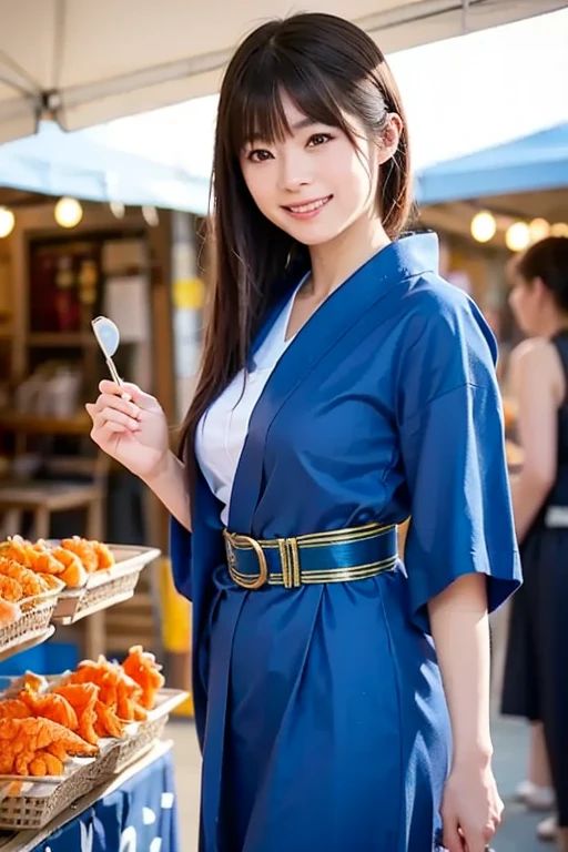 A very cute face like an idol、A young-looking 20-year-old woman wearing a Japanese yukata with three-quarter sleeves、Cleavage、night、Scooping goldfish at a Japanese festival stall、Natural light、Whole body、High level of artistry