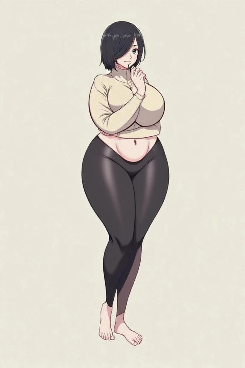1girl,goth, fair skin, hair bangs covering her eyes, no eyes showing, black lipstick, short bob hairstyle, large breasts,slim waist, massive thighs, thick thighs, wide hips, wearing a small tight black t shirt, black panties with a bow on them, barefoot, small feet, nail polish, white background , entire body showing, standing in an empty white room, full body shown, detailed feet, beautiful feet