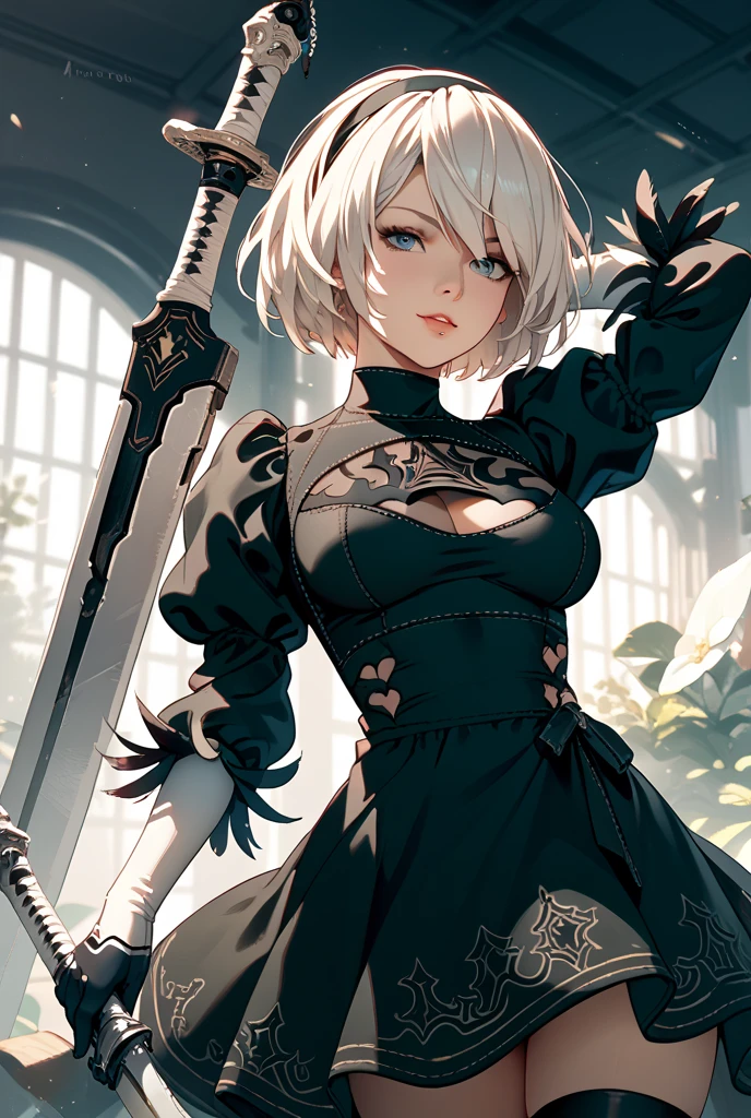 2B, 1 chica, solo, pelo corto, muslos, arma, pelo blanco, diadema, espada, sosteniendo un arma, desnuda, espada en mano, katana, diadema negra, lunar debajo de la boca, mostrando el culo al espectador, obra maestra, gran culo, desnuda mostrando el culo