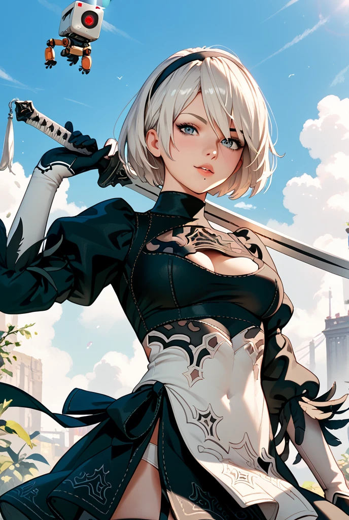 2B, 1 chica, solo, pelo corto, muslos, pechos medianos, cuerpo completo, arma, pelo blanco, diadema, espada, sosteniendo un arma, desnuda, espada en mano, katana, diadema negra, lunar debajo de la boca, mostrando el culo al espectador, obra maestra